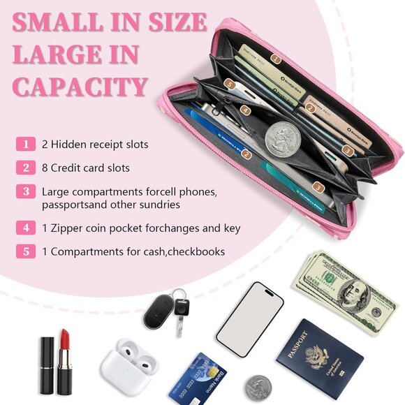 Pink plaid women's RFID blocking wristlet wallet, large capacity, zip around - Picture 3 of 7